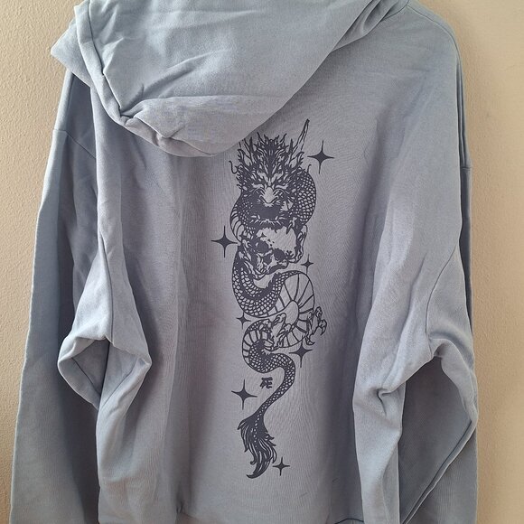 Light grey-blue Men's hoodie with dragon-printed back, NWOT, Size Large - Picture 2 of 6